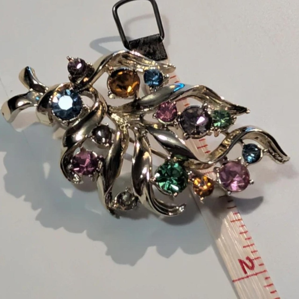 Coro Vintage Multicolor Rhinestone Floral Cluster Statement Brooch Pin Silver